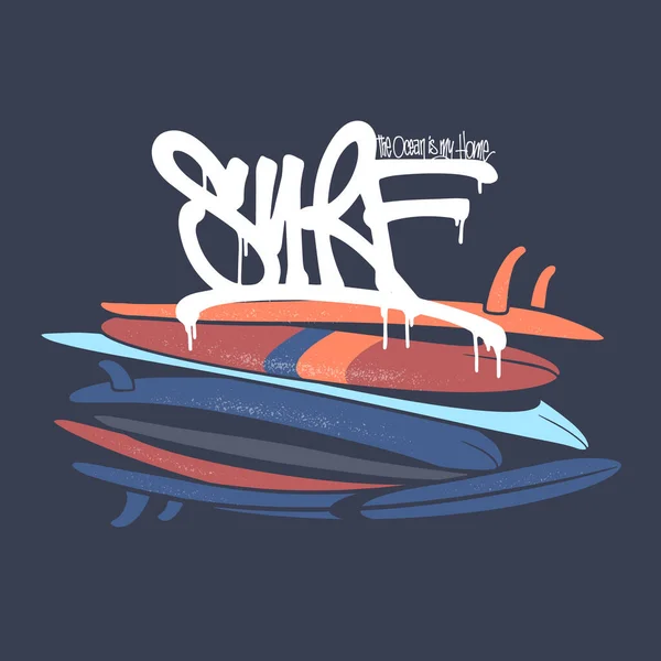 Tabla de surf con tipo de letras, diseño de camiseta — Vector de stock