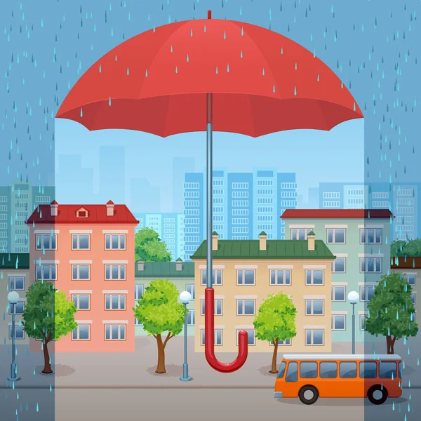 Κόκκινη ομπρέλα πάνω από την πόλη — Διανυσματικό Αρχείο