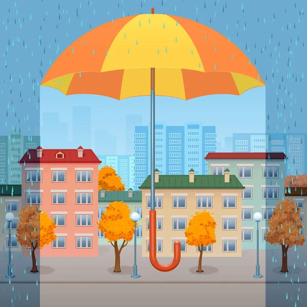 Κίτρινο-πορτοκαλί ομπρέλα πάνω από την πόλη — Διανυσματικό Αρχείο