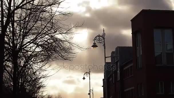 Lägenhet hus, träd utan löv och lyktstolpar med den mystiska Sunset färg himmel bakgrund. Molnen rör sig med vinden. Nightfall i staden. Dublin, Irland. — Stockvideo