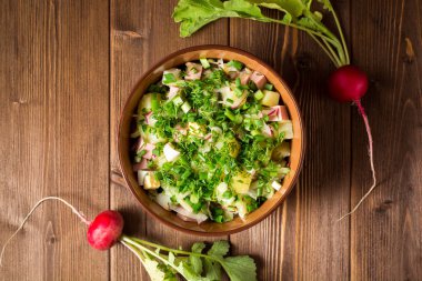 Okroshka. Sosis, sebze ve Kvas kase ahşap arka plan üzerinde geleneksel Rus yaz soğuk çorba.