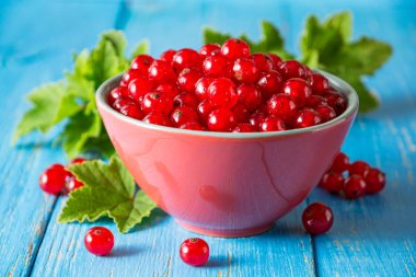 Mavi ahşap zemin üzerine kase taze kırmızı kuş üzümü.