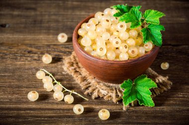 Koyu ahşap zemin üzerine seramik kase taze beyaz Frenk üzümü.