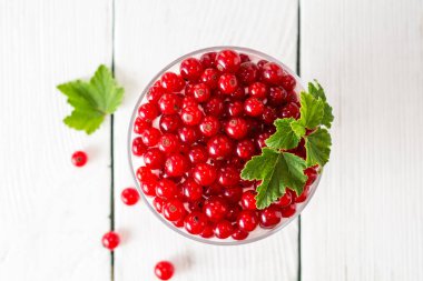 Yoğurt tatlı kırmızı kuş üzümü ile ve Beyaz ahşap zemin üzerinde yapraklarla süslenmiş