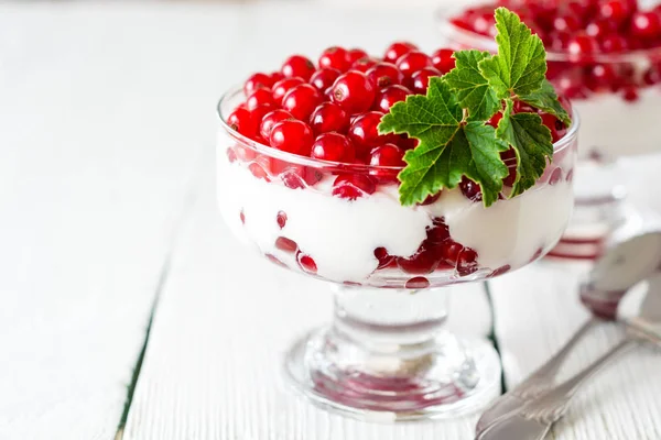 Joghurt-Dessert mit roten Johannisbeeren und mit Blättern auf weißem Holzhintergrund dekoriert — Stockfoto