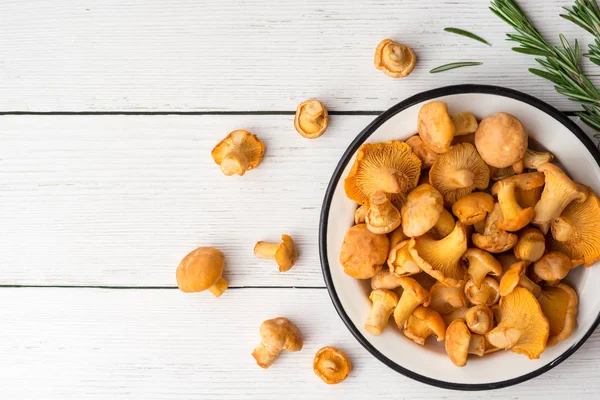 Beyaz ahşap zemin üzerinde plaka ham mantar Cantharellus cibarius.