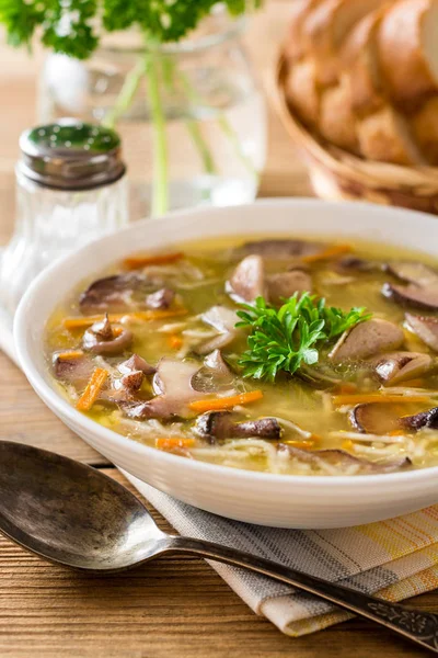 Chicken soup with mushrooms and noodles on rustic wooden table — Stock Photo, Image