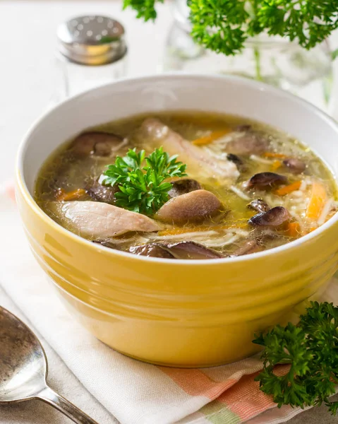 マッシュルームと灰色の石の背景にボウルに麺鶏スープ — ストック写真