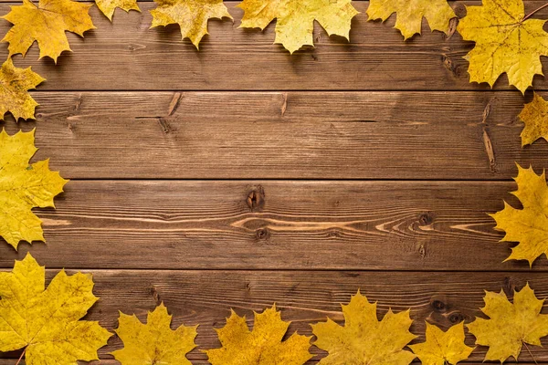 Koyu ahşap arka plan üzerinde sonbahar akçaağaç yaprakları.