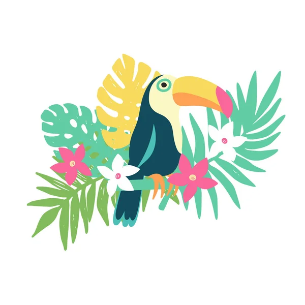Tropical bird toucan and exotic plants and flowers