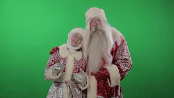 DED Moroz (Santa Claus) en sneeuw maiden gelukkig Nieuwjaar en Kerstmis. Groen scherm, chromakey — Stockvideo