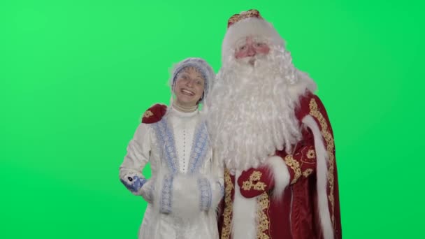 Ded Moroz (Santa Claus) and snow maiden happy New year and Christmas. Green screen, chromakey — Stock Video