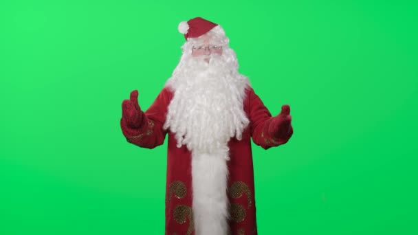 Mrazík (Santa Claus, Pere Noel), Vítá vás nový rok a Vánoce. Zelená obrazovka, chromakey — Stock video