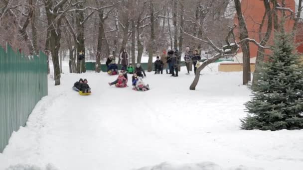 Παιδιά και ενήλικες χειμώνα βόλτα σε ένα φουσκωτό έλκηθρο και σωλήνα — Αρχείο Βίντεο
