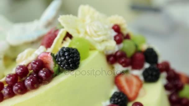 Торт украшен фигурками птиц, цветов, ягод и сливок . — стоковое видео