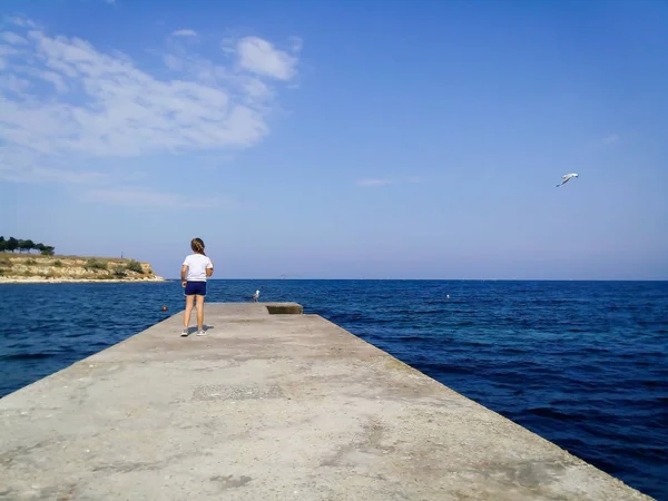 La petite fille sur le quai. La côte. Mouettes, ciel, paysage d'été . — Photo