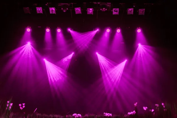 Purple light from the spotlights through the smoke in the theatre during the performance. Lighting equipment.