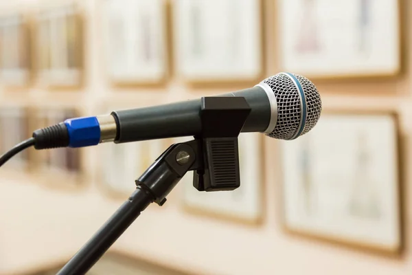 Dynamisk mikrofon vid evenemanget. Utställningshall, målningar på väggarna. Fokus på förgrunden, suddig bakgrund, bokeh — Stockfoto