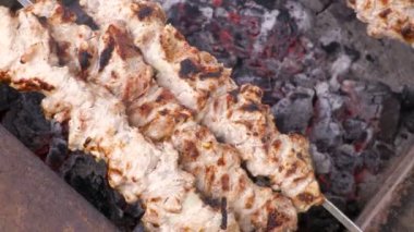 Kömürlerin üzerinde kebap yemek. Izgara domuz şiş üzerinde. Görüntüleri klip 4k, Uhg, Ultra Hd
