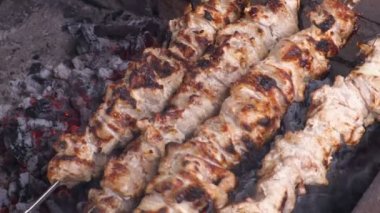 Kömürlerin üzerinde kebap yemek. Izgara domuz şiş üzerinde. Görüntüleri klip 4k, Uhg, Ultra Hd.