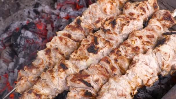 Cocinar kebab sobre las brasas. Cerdo a la parrilla en pinchos. Video clip 4K, UHG, Ultra HD — Vídeo de stock