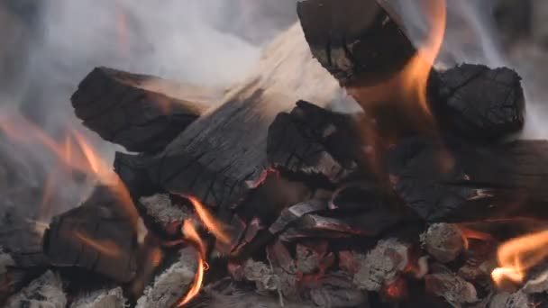 Quemar leña en un horno o chimenea. Vídeo de vídeo 4K, UHD, Ultra HD — Vídeo de stock