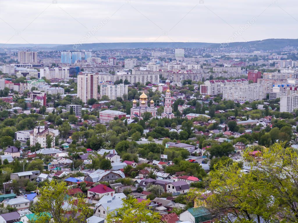 Cityscape, view from the top. An Orthodox Church. The City Of Saratov, Russia. Spring, the month of may