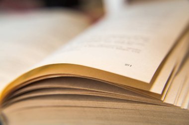 Açık eski kitap. Sararmış sayfaları. Sayfa numarası 271. Kağıt dokusu. Makro