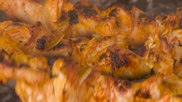 Frango shish kebab assar nas brasas. clip de filmagem 4K — Vídeo de Stock