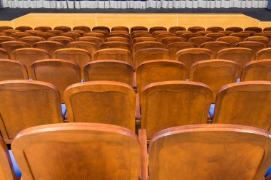Auditorium mavi kahverengi ahşap sandalyeler. İnsanlar.