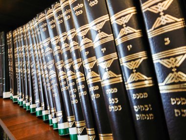Saratov / Rusya - 25 Şubat 2018: sinagog kitaplığında. Çok renkli kitap kütüphane içinde bookshelf