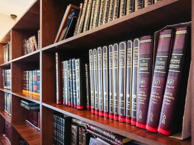 Saratov / Rusya - 25 Şubat 2018: sinagog kitaplığında. Çok renkli kitap kütüphane içinde bookshelf