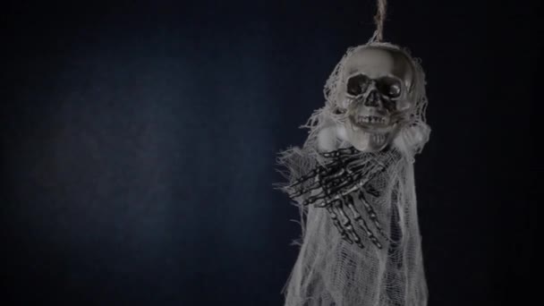 Terrible skeleton hanged on a dark blue background. — Stockvideo