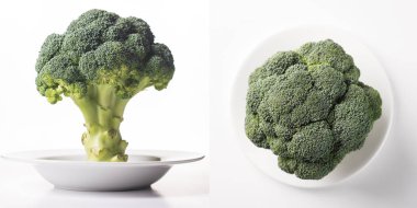 Olgun taze yeşil lahana brokoli beyaz temiz tabakta.