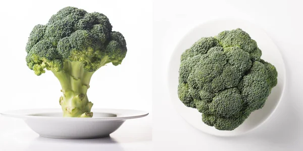 Olgun taze yeşil lahana brokoli beyaz temiz tabakta.