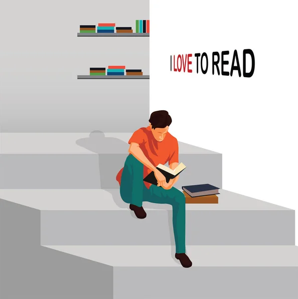 Man Reading Book and Sitting on Stairs. Eu adoro ler vetor Ilustração . — Vetor de Stock