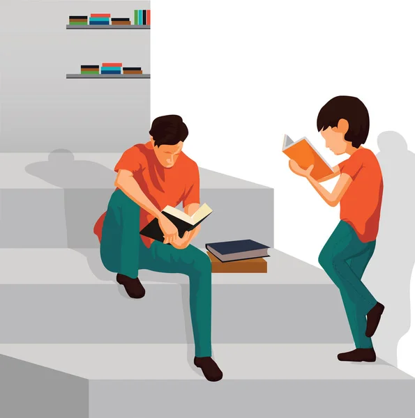 I ragazzi stanno leggendo il libro sulle scale. Illustrazione vettoriale lettura amore . — Vettoriale Stock