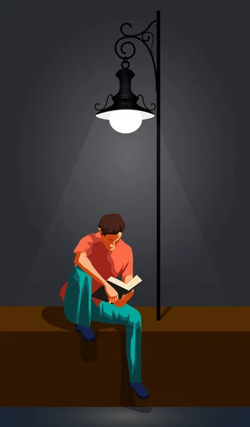 Uomo lettura libro sotto lampione . — Vettoriale Stock