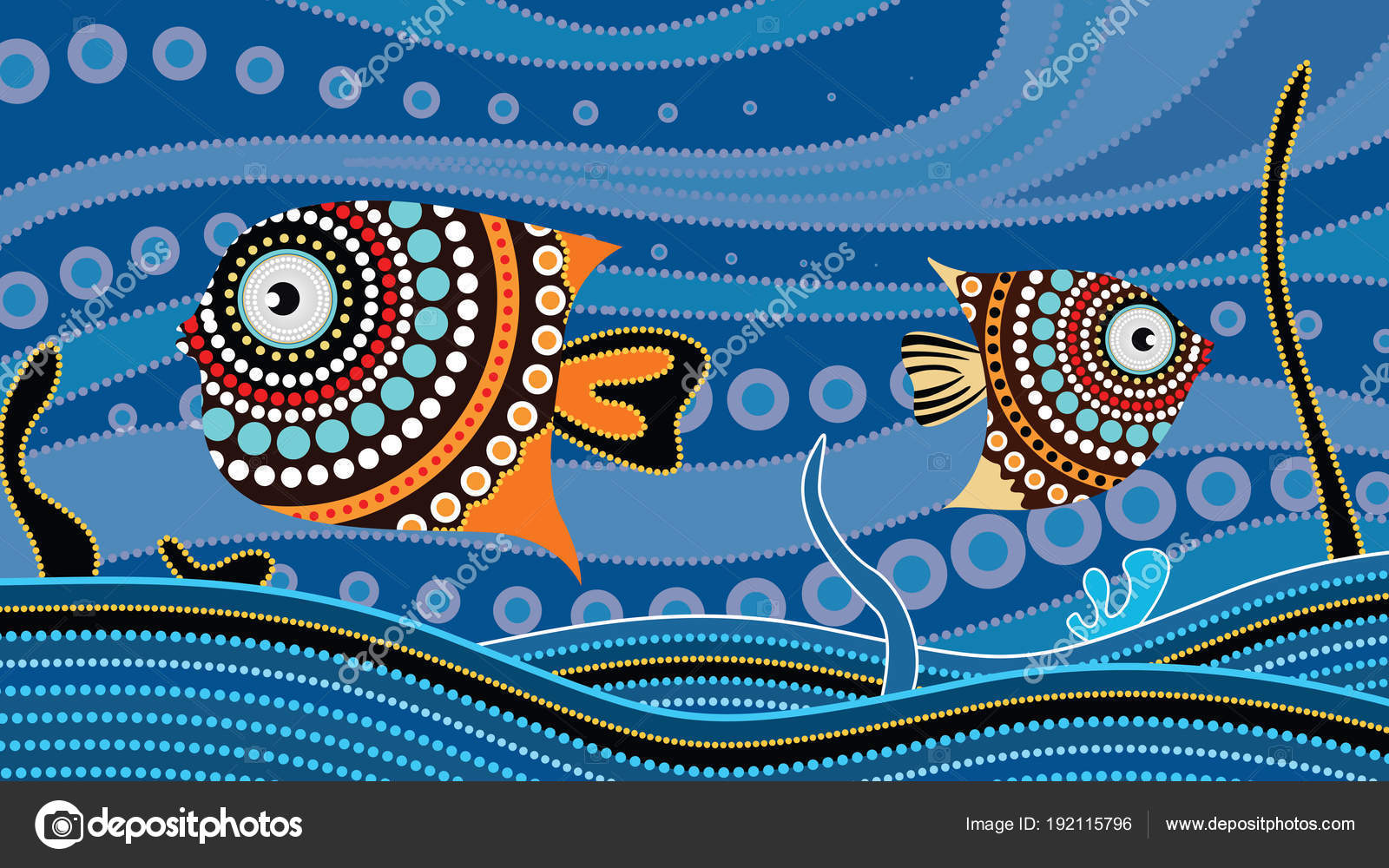 アボリジニ ドット アート魚の絵します 水中の概念 風景の背景の