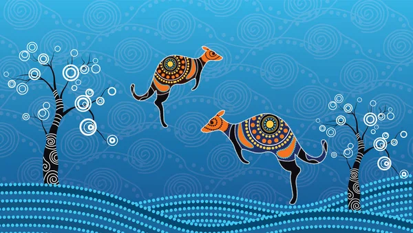 Aboriginal Art Vector Painting Kangaroo Illustration Based Aboriginal Style Landscape — Stock Vector