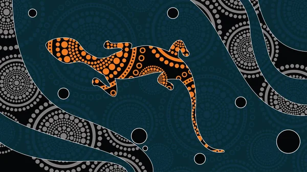 Vector Lagarto Fondo Arte Aborigen Con Lagarto Ilustración Del Paisaje — Vector de stock
