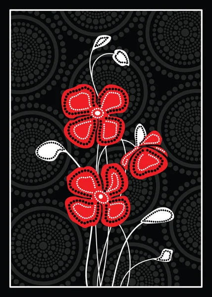 Flores Amapola Roja Con Fondo Arte Aborigen Ilustración Vectorial — Vector de stock