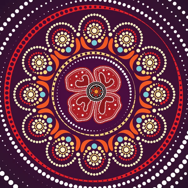 Aboriginal Dot Konst Målning Med Röd Vallmo Blomma Vektorillustration — Stock vektor
