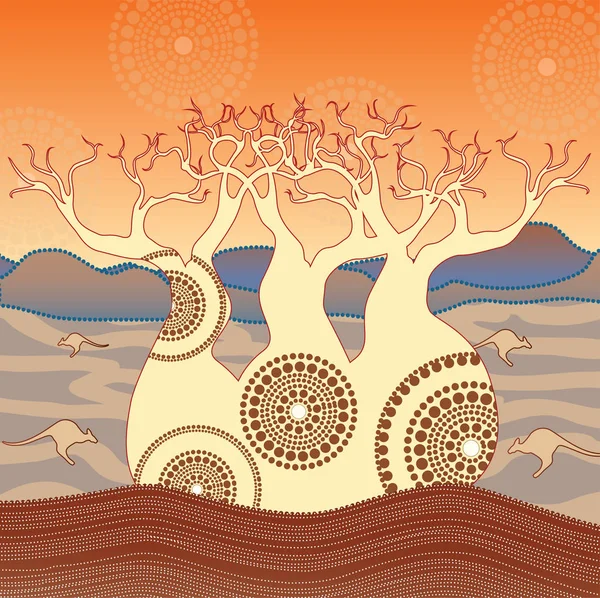 Boab Baobab Tree Vector Painting Aborígene Arte Vetor Fundo — Vetor de Stock