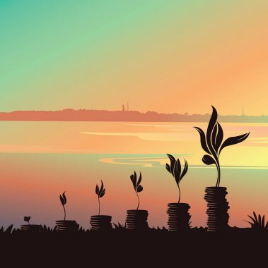 Para büyüyen kavramı, siluet İş Finans ve yatırım arka plan, paralar grafik - vektör çizim 