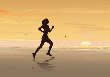 Plaj, Fitness kadın, yürüyüş, koşu ve egzersiz - vektör çizim kaçan kız silüeti 