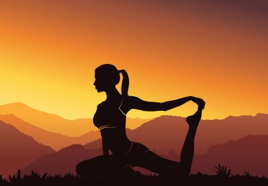 Siluet yoga arka plan. Genç kadın pratik Yoga dağ - vektör çizim 