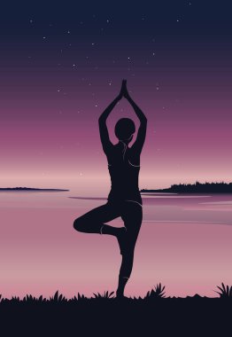 Yoga arka plan. Genç kadın pratik yoga Nehri ön - vektör çizim silueti 
