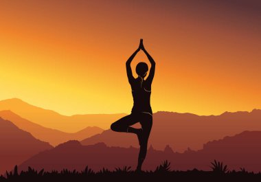 Yoga arka plan. Genç kadın pratik yoga Nehri ön - vektör çizim silueti 