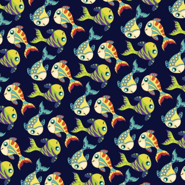 Balık vektör arka plan. Koyu arka plan üzerinde balık seamless modeli.